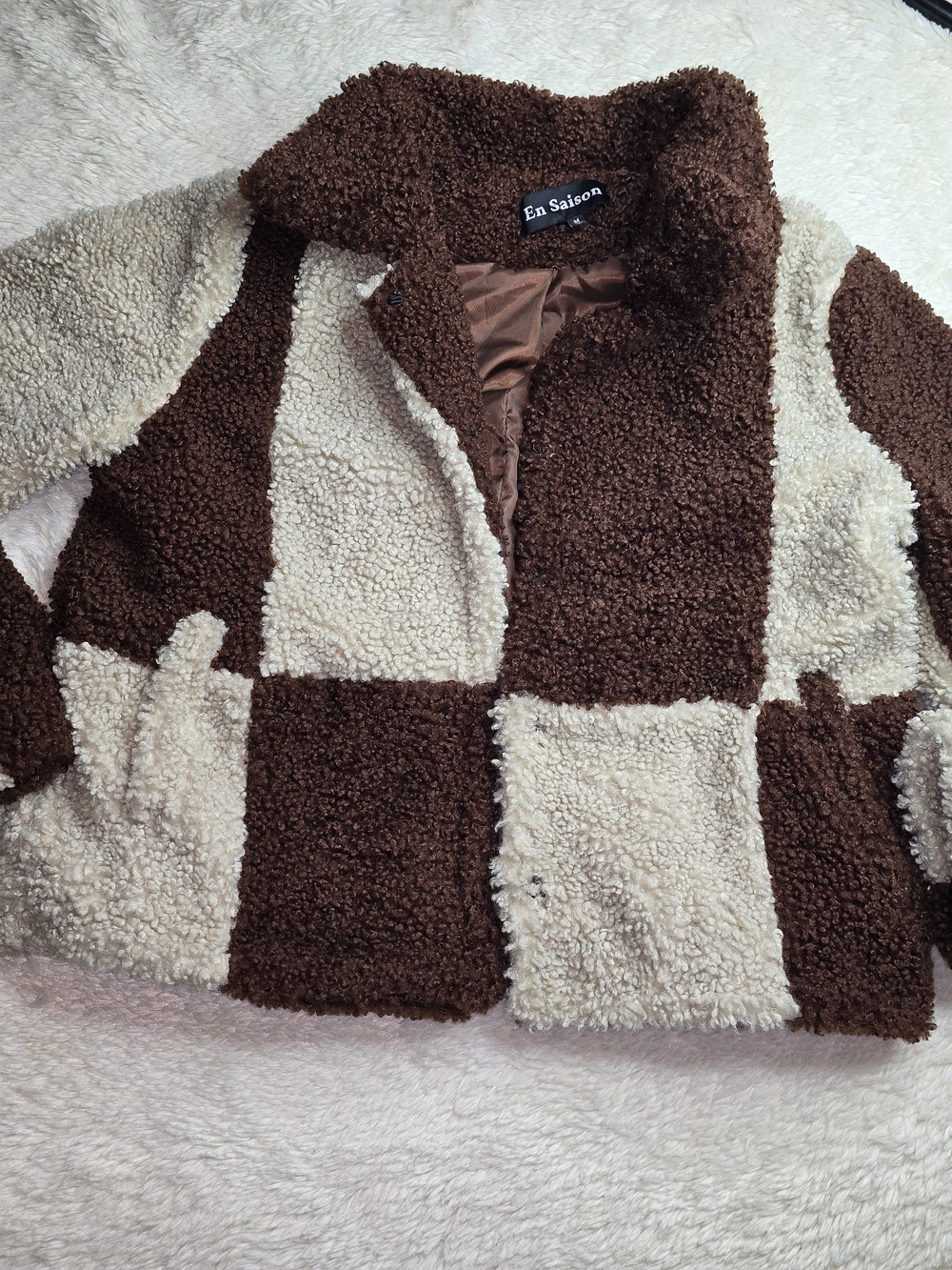 Anthropologie Colorblock Teddy Jacket in Brown and Cream - Picture 3 of 9